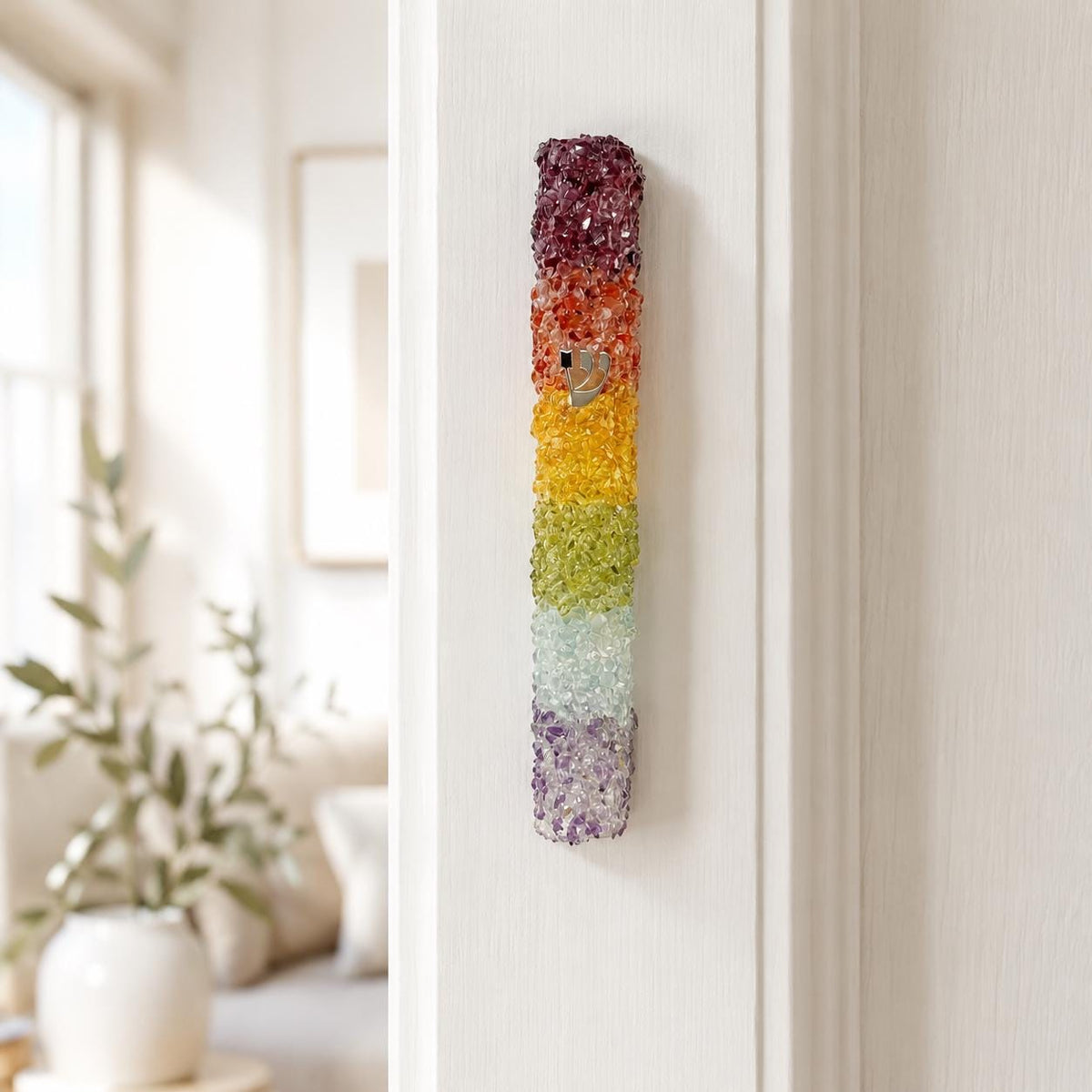 Handmade Pride Crystal Mezuzah Case on a doorpost