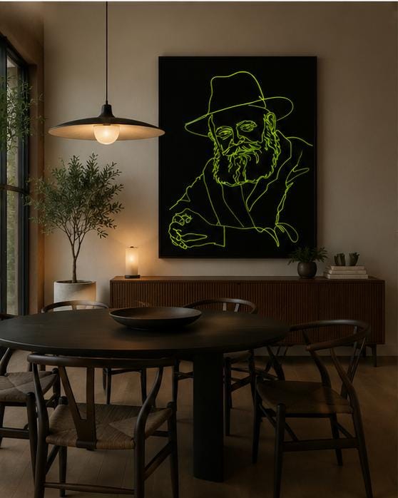Lubavitcher Rebbe line art print, yellow on deep blue