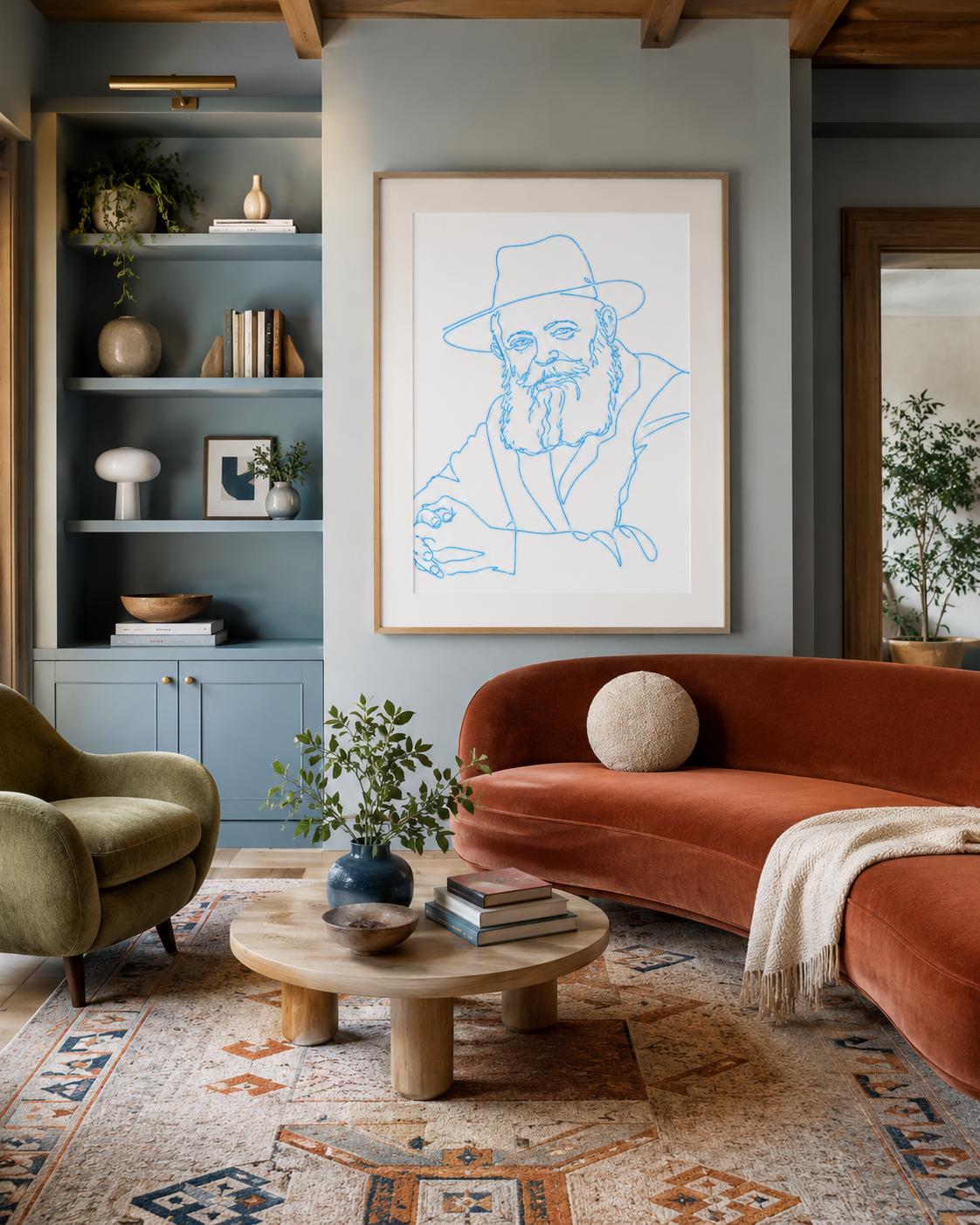 Lubavitcher Rebbe line art print, light blue on white