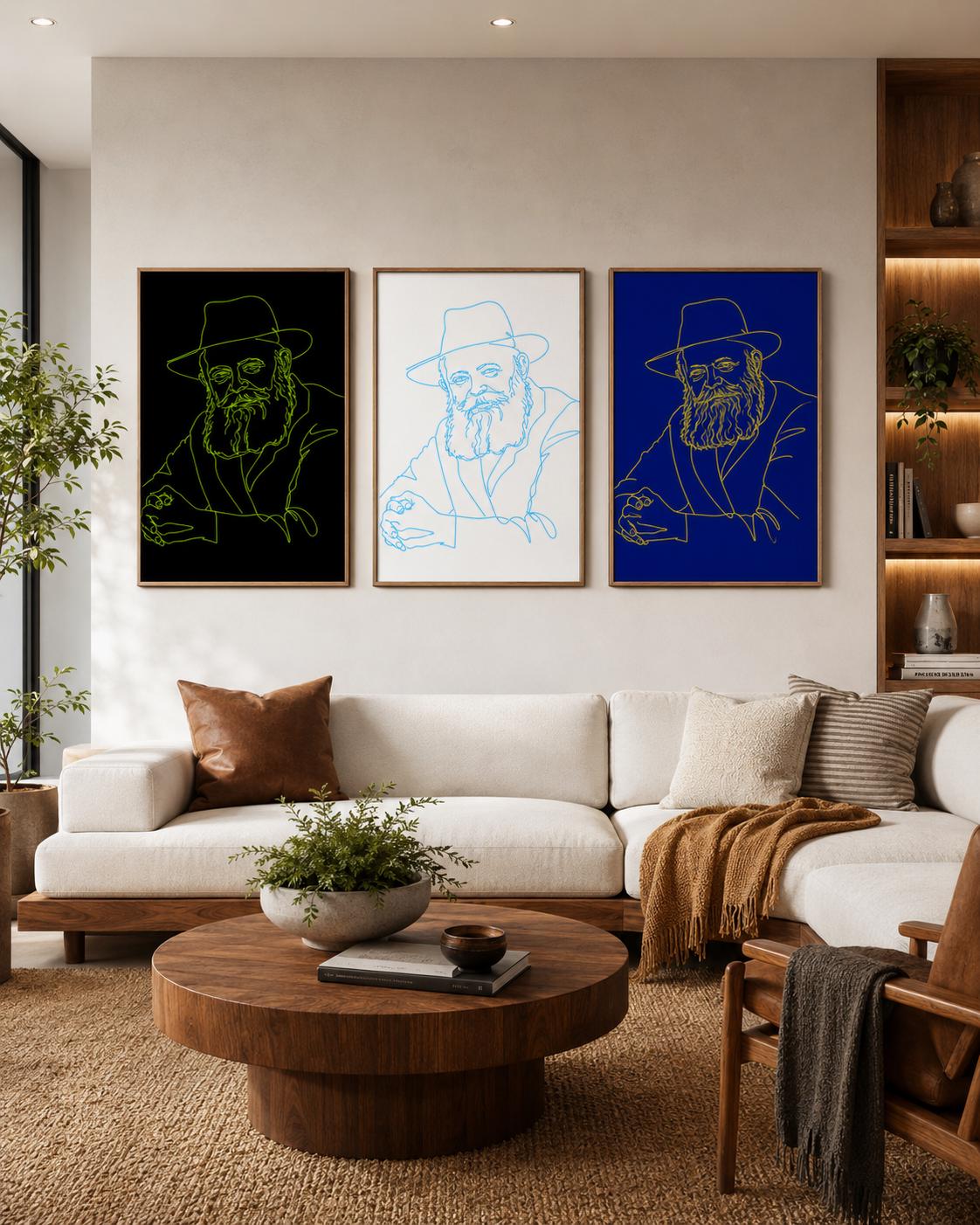 Three Lubavitcher Rebbe line art prints framed above a sofa