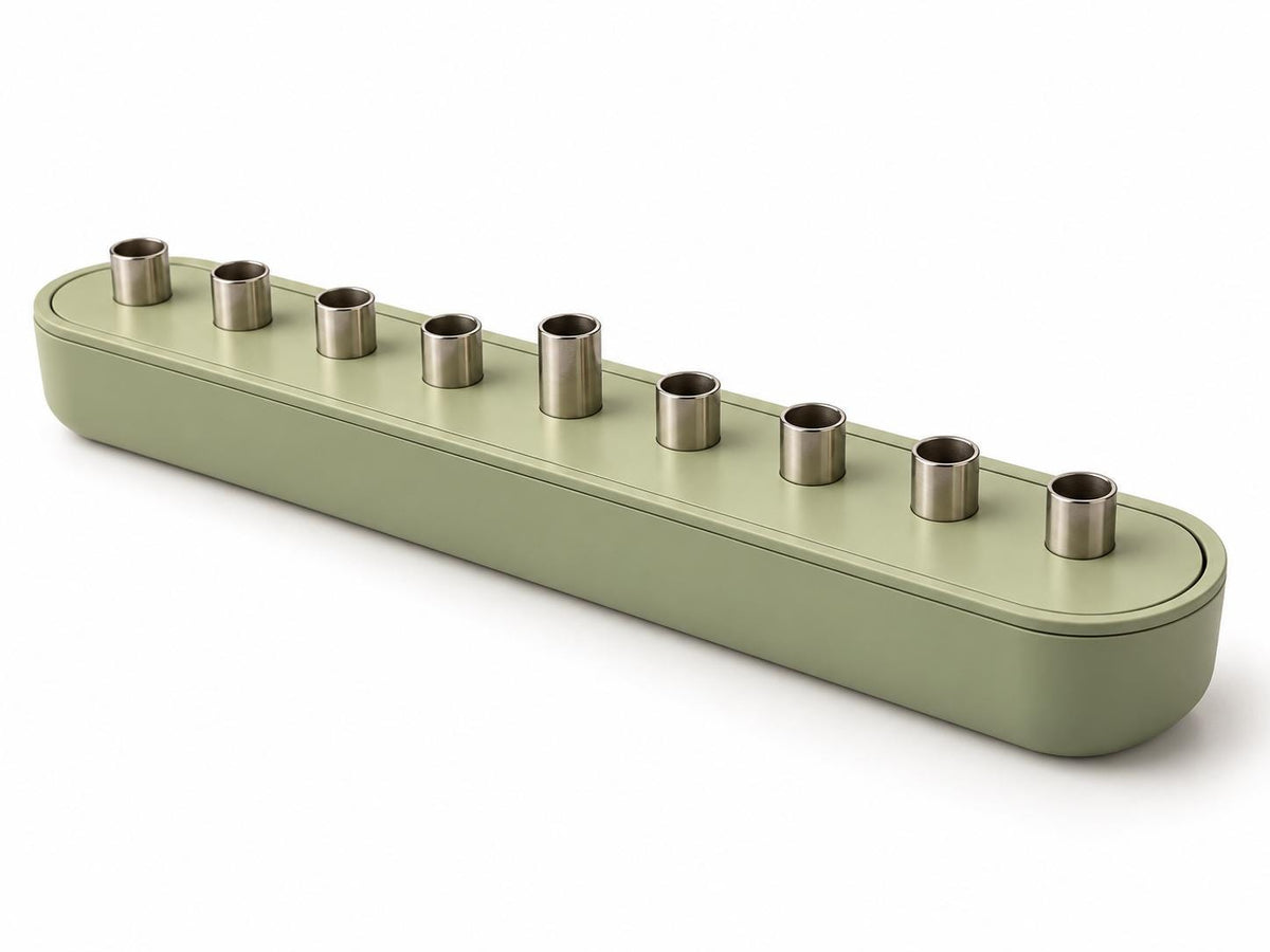 Sage green hanukkiah, side view
