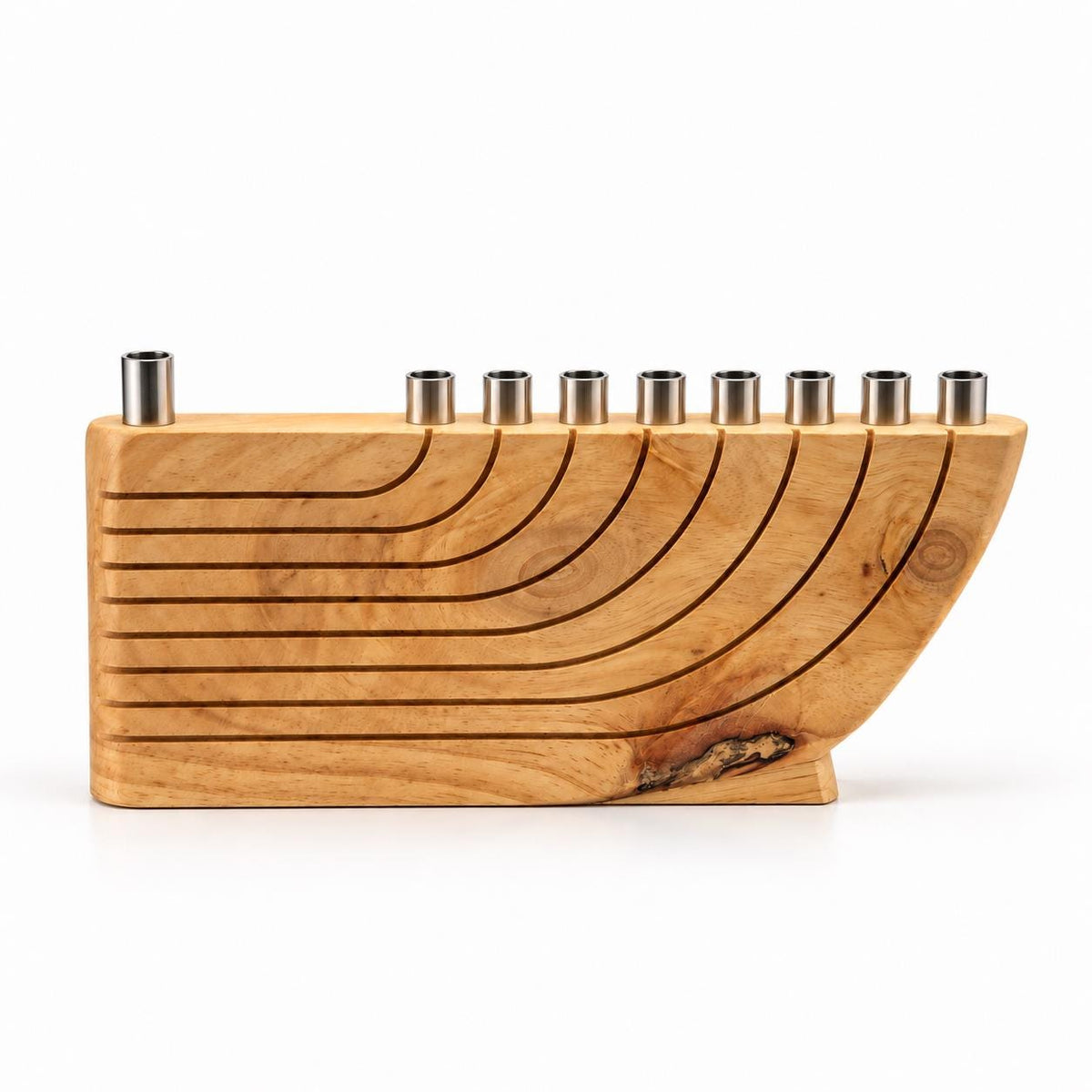 Wooden hanukkiah with silver-tone candle holders, side view