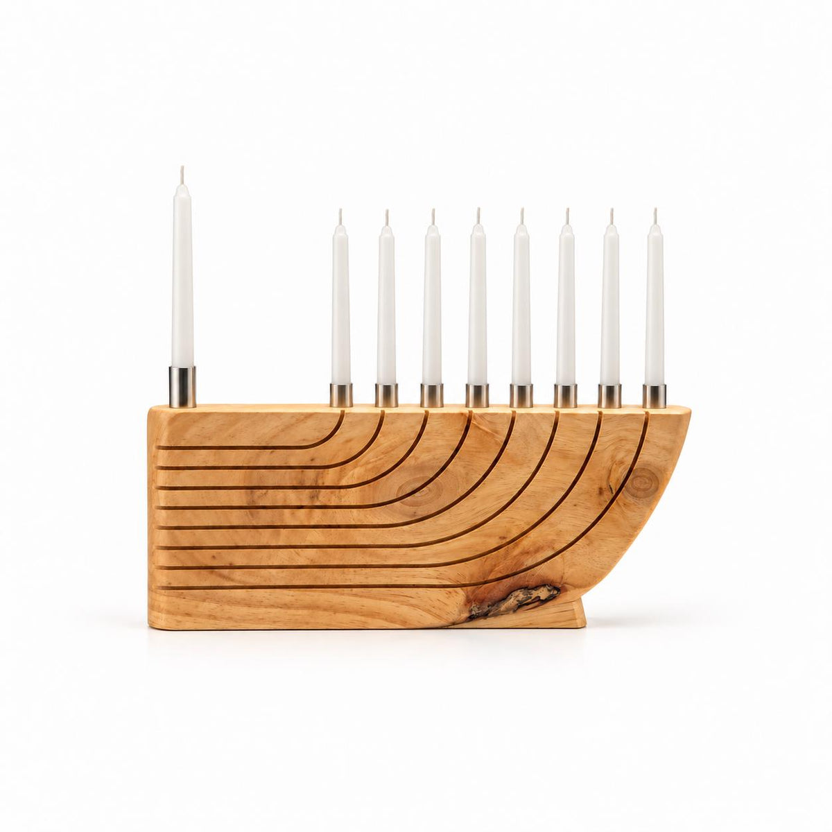 Close-up of the wood grain and grooves of the wooden hanukkiah