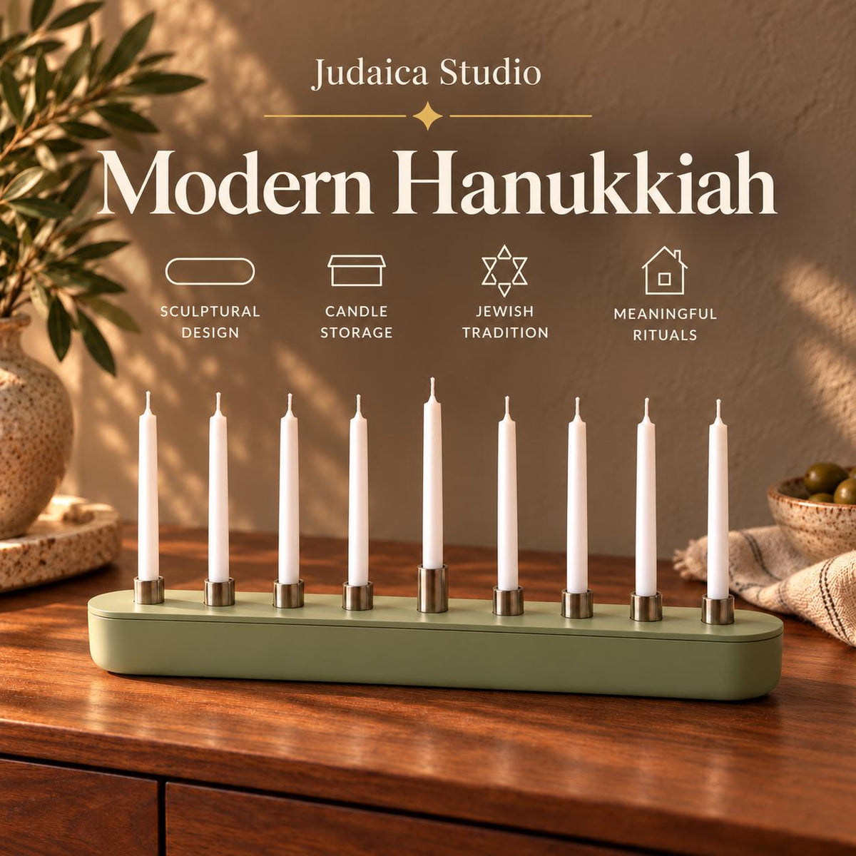 Sage green hanukkiah with candles lit