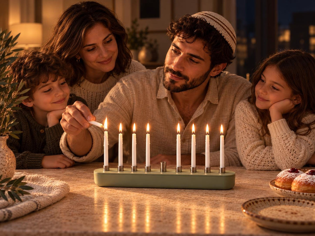Sage green hanukkiah with the lid lifted to show the candle storage