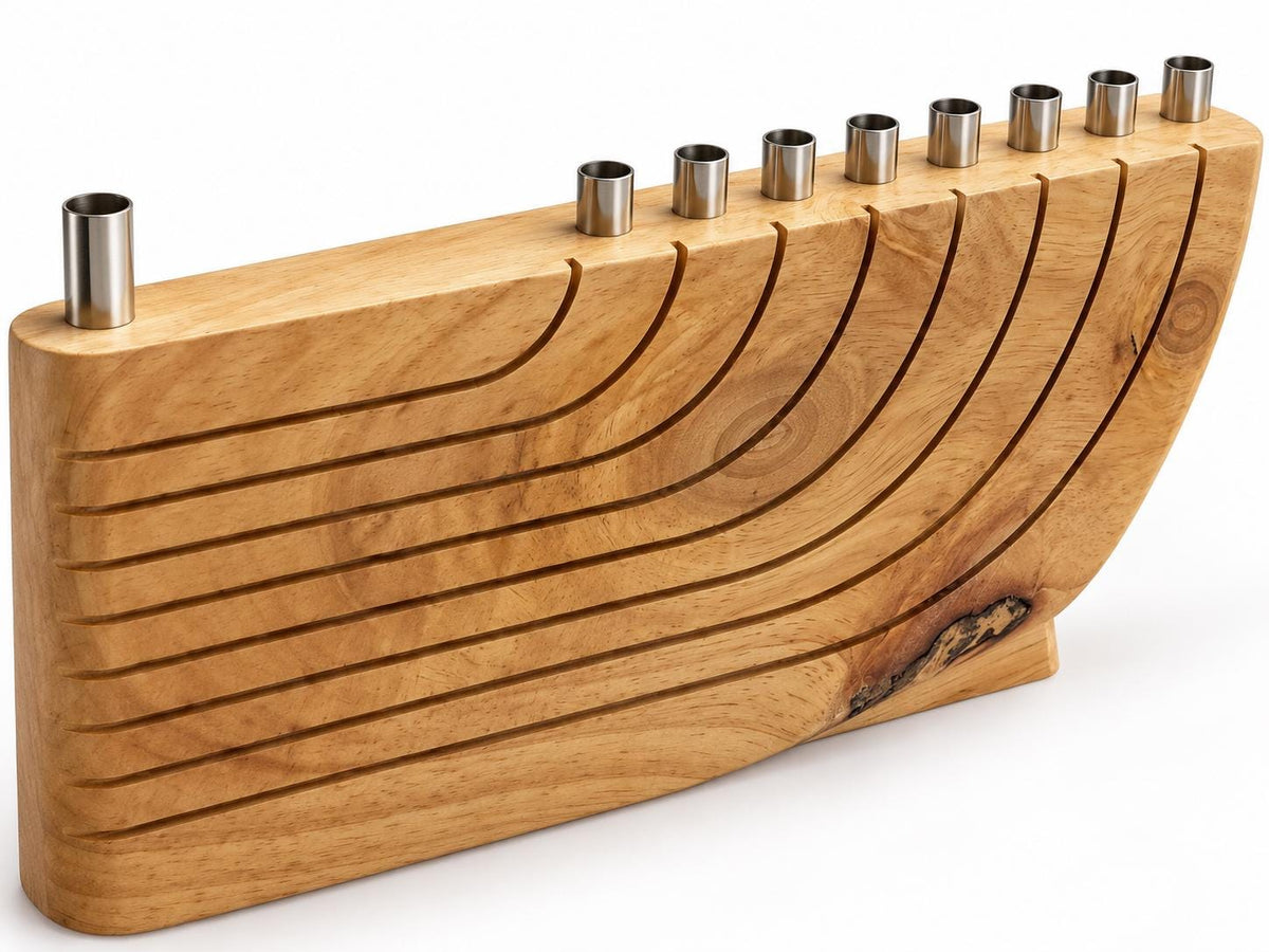 Wooden hanukkiah with white candles