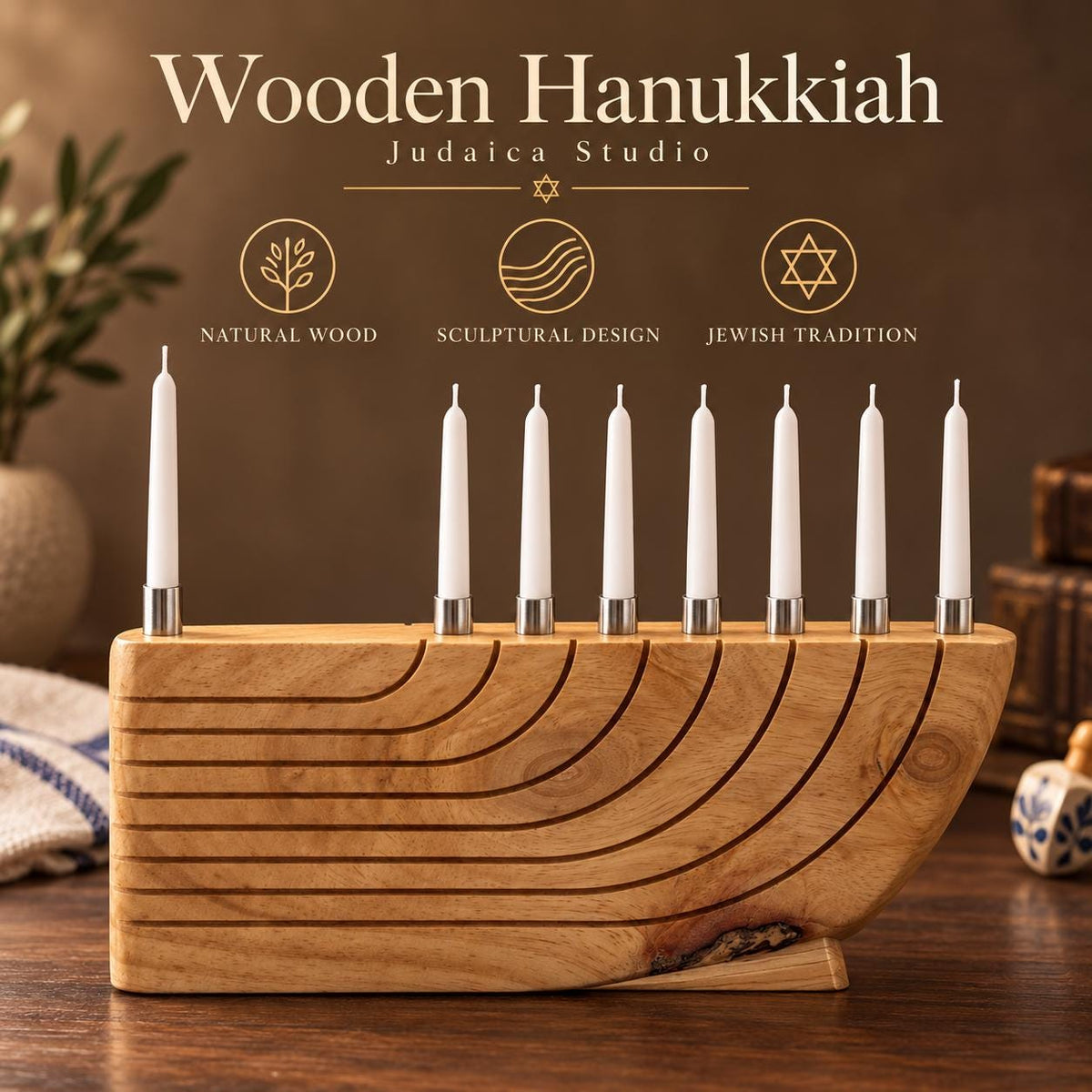 Wooden hanukkiah with candles lit