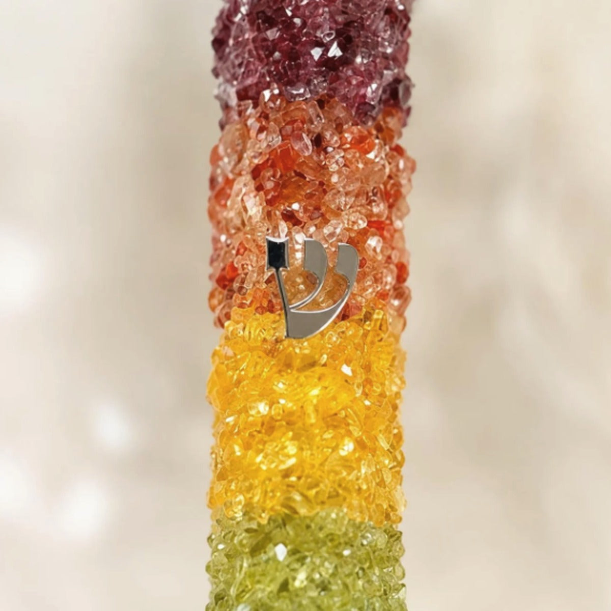 Rainbow crystal chips close-up, Pride mezuzah