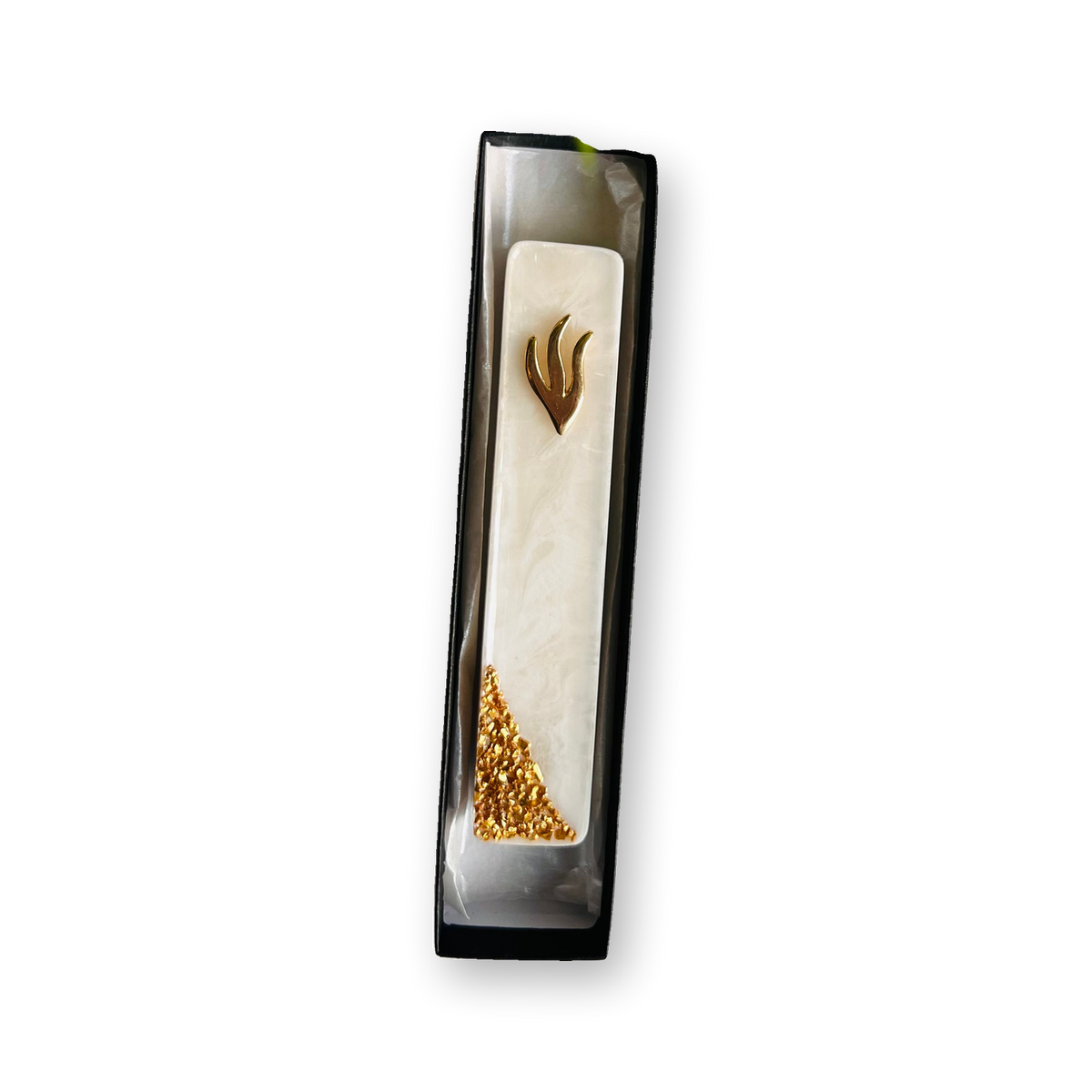 Handmade white marbled resin mezuzah case with gold crushed glass and gold Shin
